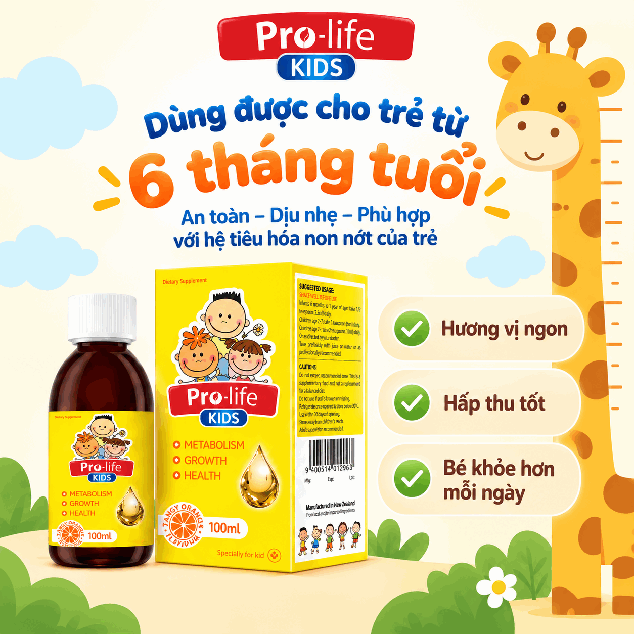 Siro bổ sung vitamin cho trẻ em PRO-LIFE KIDS Liquid Multi, nhập khẩu NEW ZEALAND, hộp 100ML